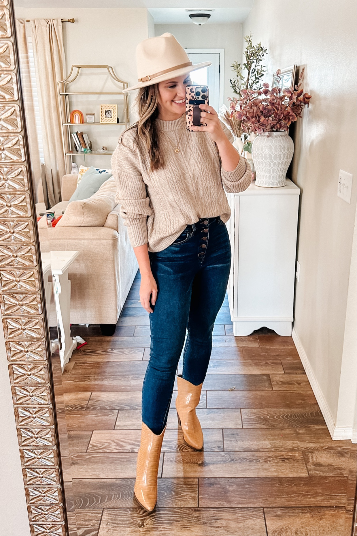 Prime early access sale! Amazon fashion finds. Fall outfit. Amazon sweater- wearing size m. 
Pink lily high waisted skinny jeans and snakeskin boots (code Dorothy20 to save $) Amazon circle initial necklace. Amazon hat. 

Cable knit sweater. Neutral outfit. Mom style. Amazon fashion. Amazon finds. Fall outfits. Fall basics. Mom fashion. Fall trends. Casual outfits. Casual style. Dark wash jeans. Ankle boots. Snakeskin booties. 

#LTKSeasonal #LTKunder50 #LTKstyletip