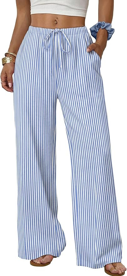 Sampeel Wide Leg Pants for Women Flowy Palazzo Drawstring Elastic Waist Trousers with Pockets Sum... | Amazon (US)