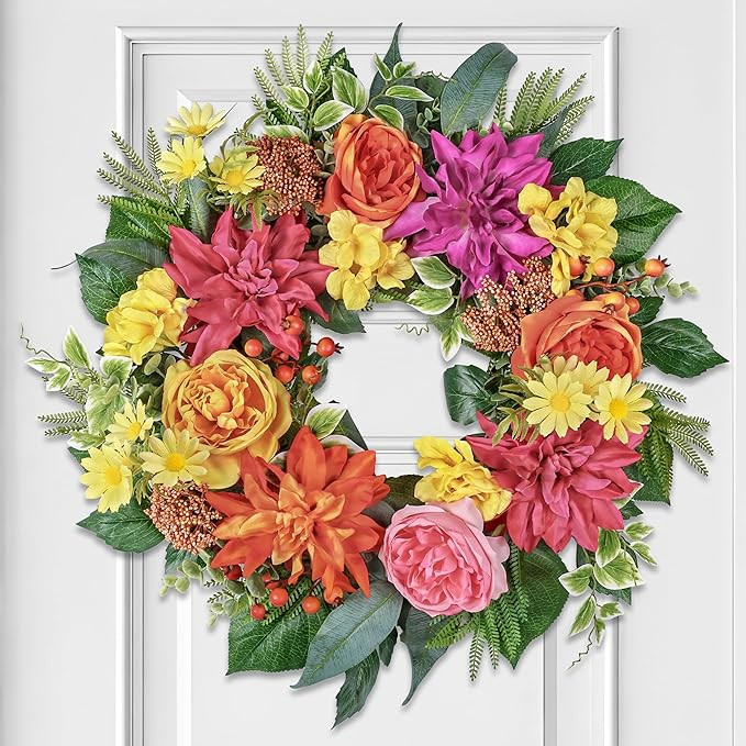 Amazon.com: 24 Inch Spring Summer Wreath for Front Door with Roses Dahlias Silk Flowers with Berr... | Amazon (US)