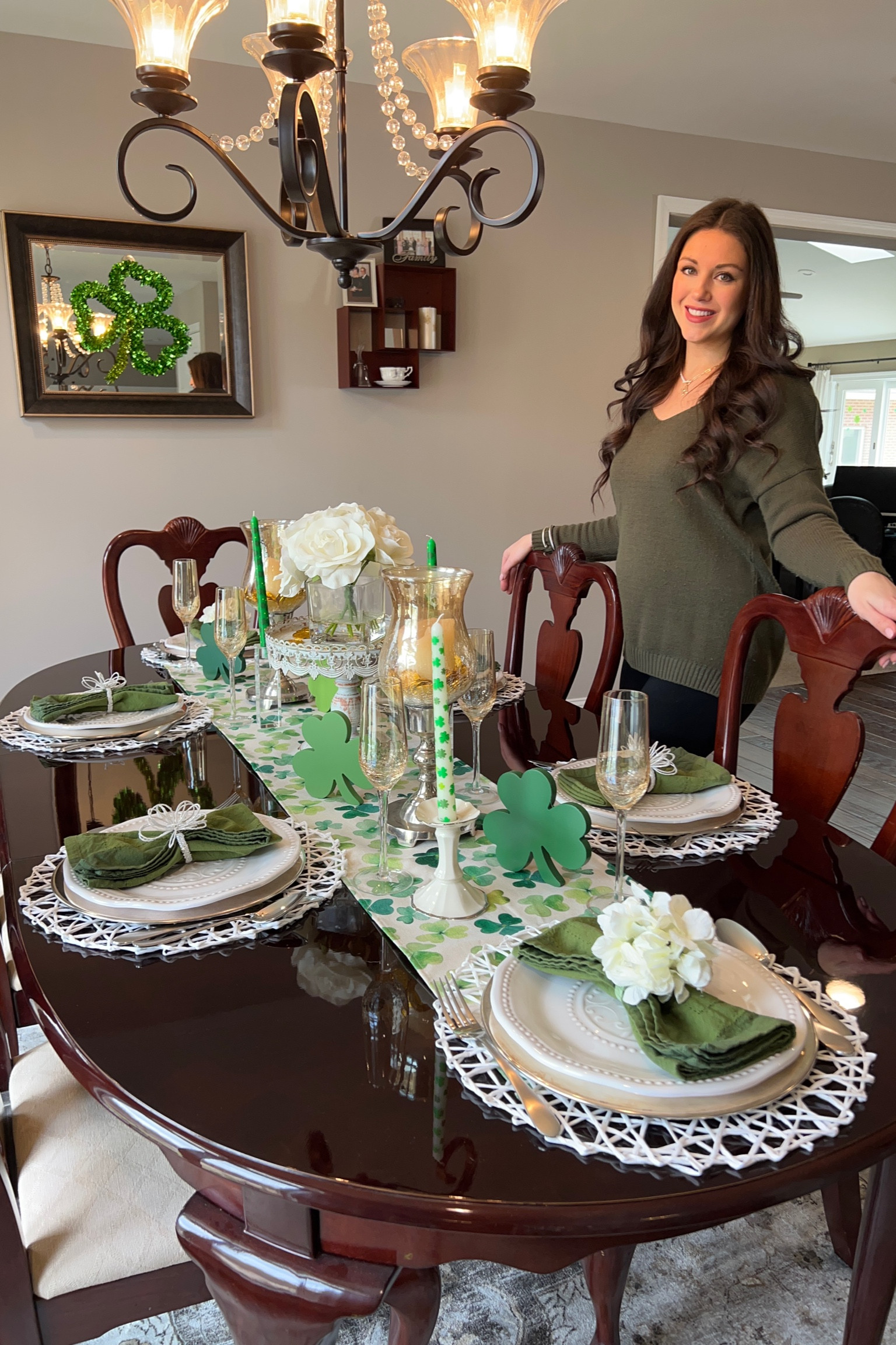 St. Patrick’s Day tablescape, table decor, tiered tray decor, seasonal decor, home decor, green decor, St Patrick’s Day decorations, shamrock decorations, tapered candles, chargers, placemats, table setting ideas

#LTKSeasonal #LTKFind #LTKhome