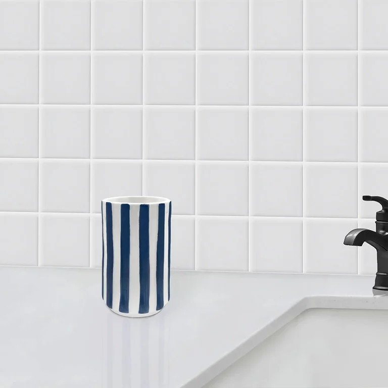 Mainstays Hand Painted Blue Stripe Stoneware Toothbrush Holder Tumbler | Walmart (US)