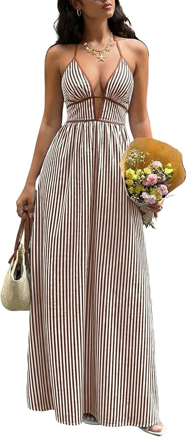 Women's Halter Maxi Dress Deep V Neck Backless Long Dress with Crisscross Waist Tie Sleeveless A-... | Amazon (US)