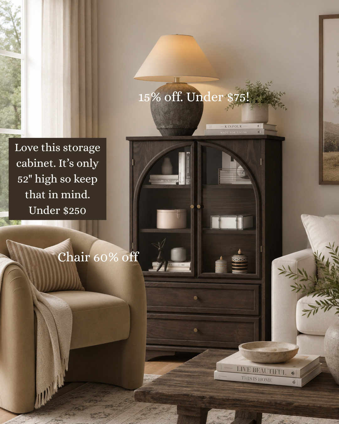 Love this storage cabinet. It’s only 52" high so keep that in mind. Under $250. The chair is 60% off and the lamp is a great price as well. 

 #LTKHome #LTKSaleAlert