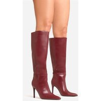Fleet Pointed Toe Stiletto Heel Knee High Long Boot In Burgundy Faux Leather, Women's Size UK 4 | EGO (UK)