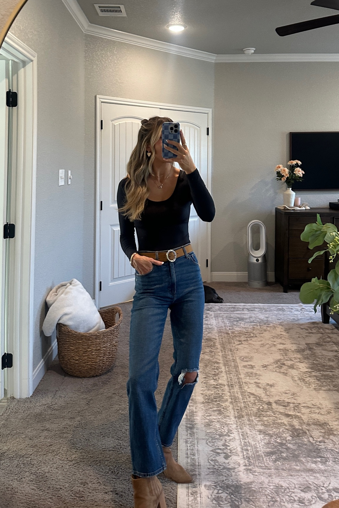 ootd! wearing a small in my fave amazon bodysuit - double lined and so stretchy! jeans are on mega sale with code AFYPB and i love how high waisted they are! wearing my usual 26 regular (i’m 124lbs & 5’6”). also linking the curve love version! amazon booties and target belt, also linking all jewelry and the jacket i paired with it for church!

#LTKFindsUnder100 #LTKFindsUnder50 #LTKSaleAlert