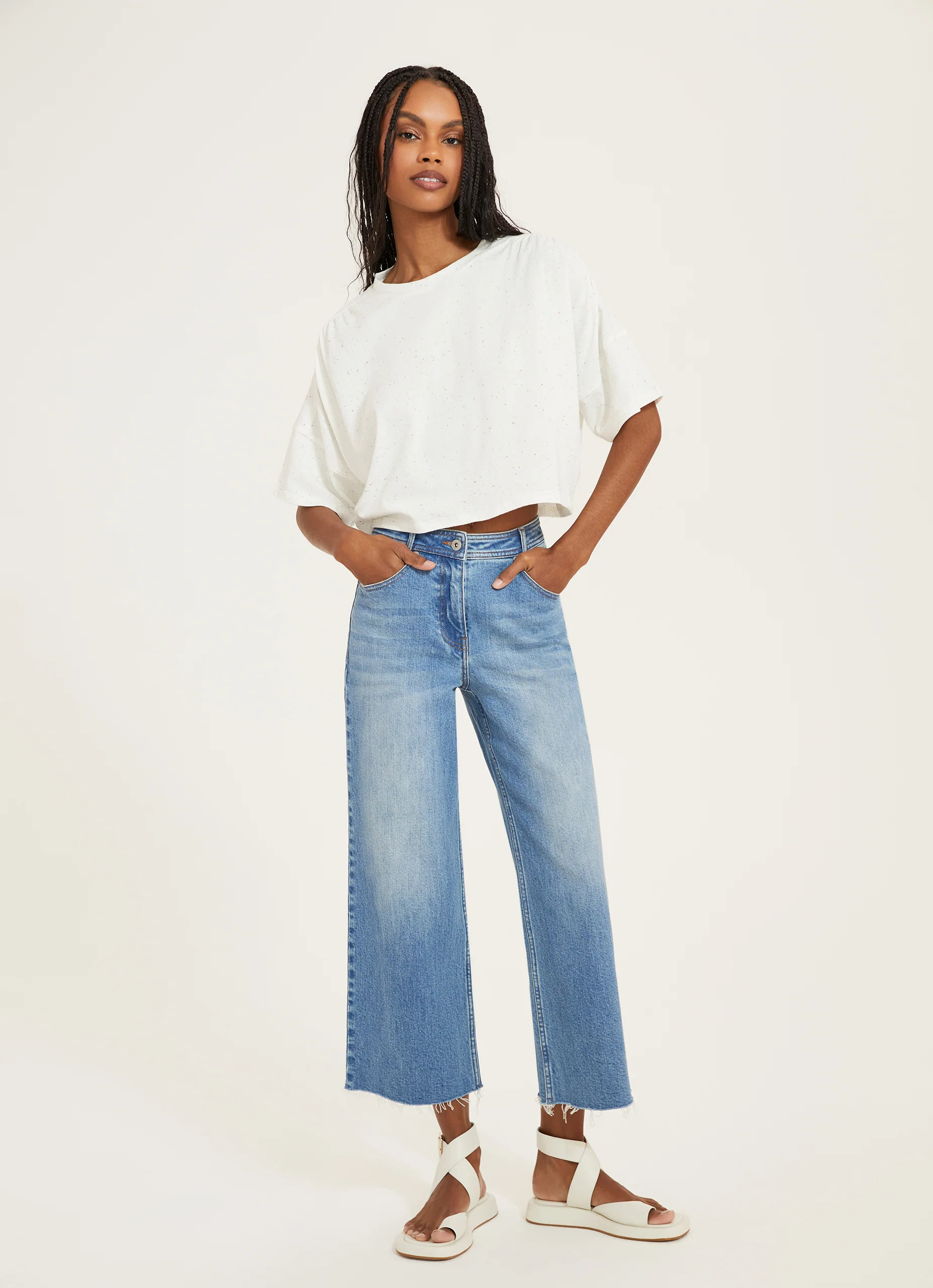 Cropped Raw Edge Wide Leg Denim | Something Navy