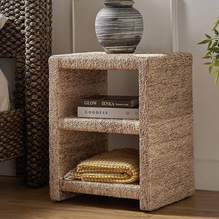 HULALA HOME Rattan Nightstand with Two Open Shelves, Seagrass Side Table Coastal Style, End Table... | Amazon (US)