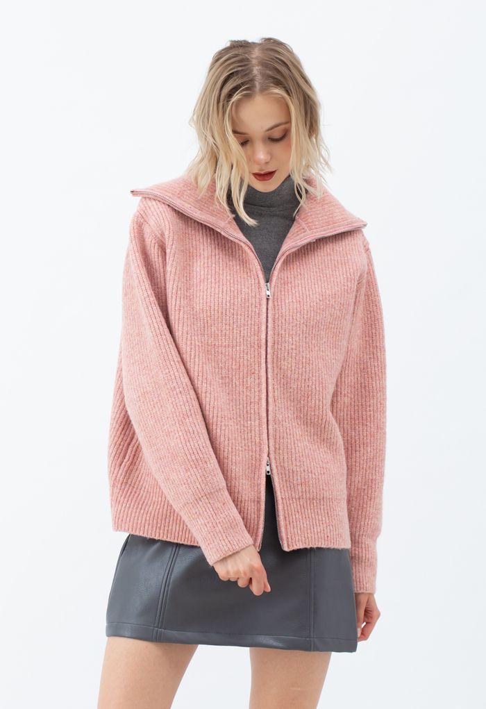 Full Zip Ribbed Knit Cardigan in Pink | Chicwish