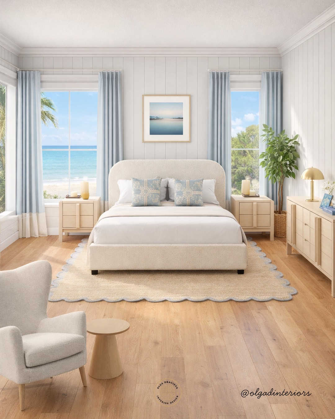 Neutral and beachy bedroom design. Beige upholstered queen bed, affordable dresser and nightstands from Wayfair, accent chair from West Elm, gorgeous hand-blown vase, jute rug, beach art. #homedecor #bedroomideas 

#LTKSeasonal #LTKHome #LTKSaleAlert