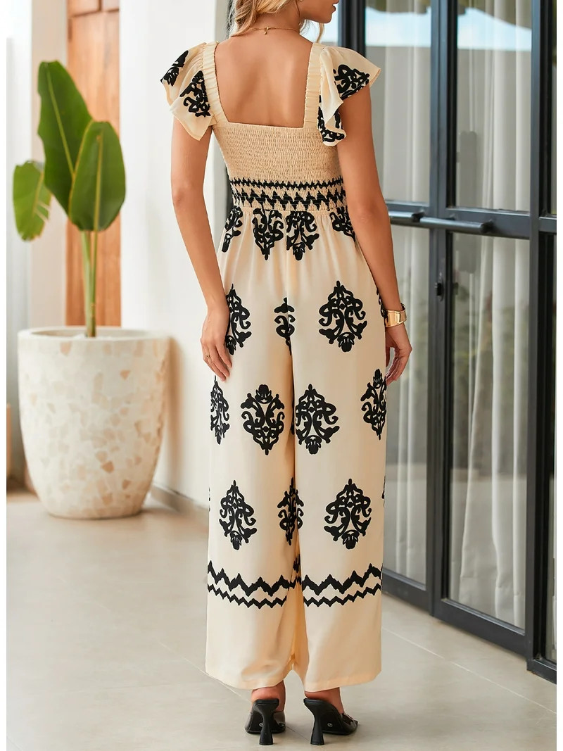 DOKOTOO Womens Jumpsuits Wide Leg Jumpsuits Holiday Boho Print High Waist Jmpsuits Apricot S US4-... | Walmart (US)