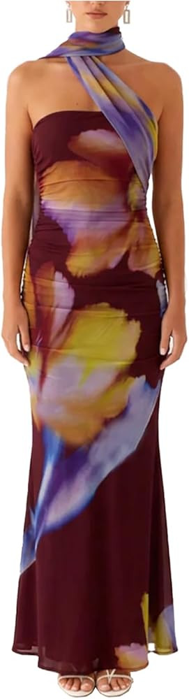 Women Summer Floral Formal Wedding Guest Dress Strapless Tube Dress with Scarf Summer Cocktail Lo... | Amazon (US)