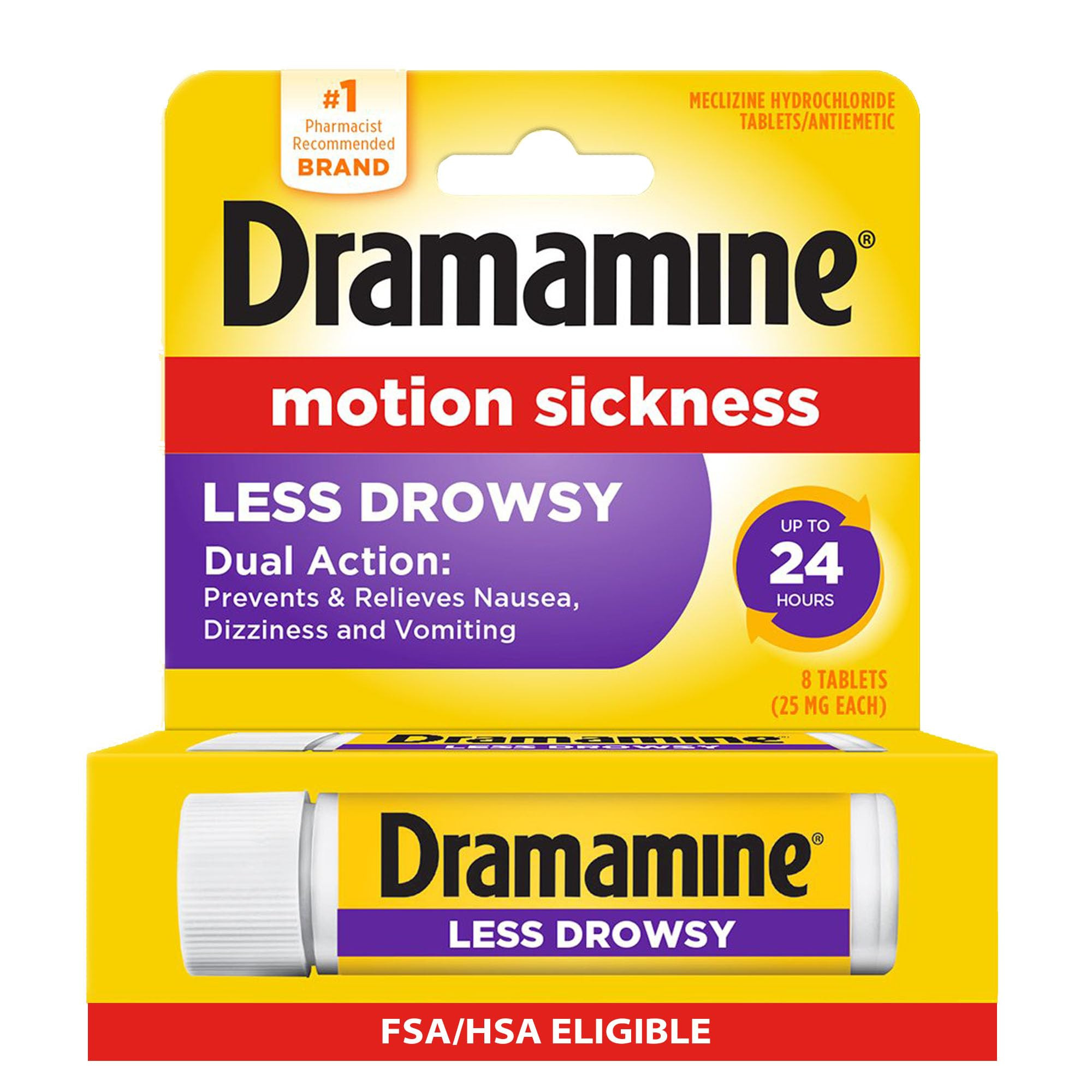 Dramamine Motion Sickness Less Drowsy, Travel Vial, Multicolor, 8 Count | Amazon (US)