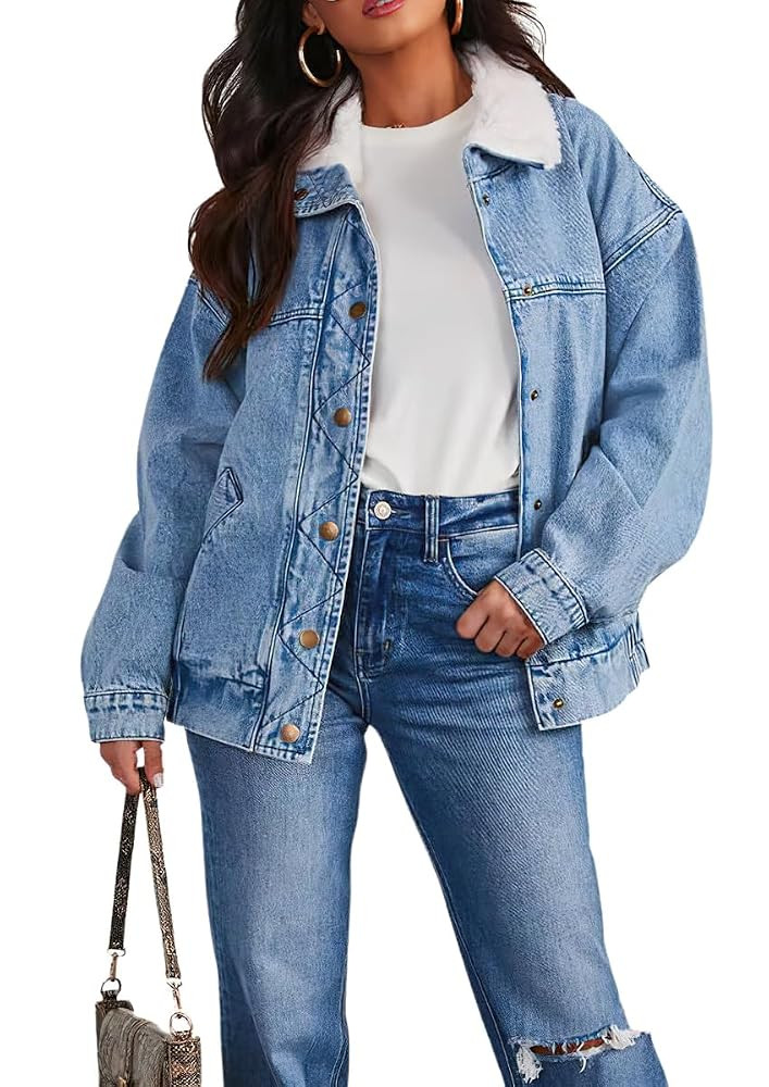 chouyatou Women's Warm Sherpa Collar Denim Jacket Faux Fur Collar Denim Coat Trucker Jacket | Amazon (US)