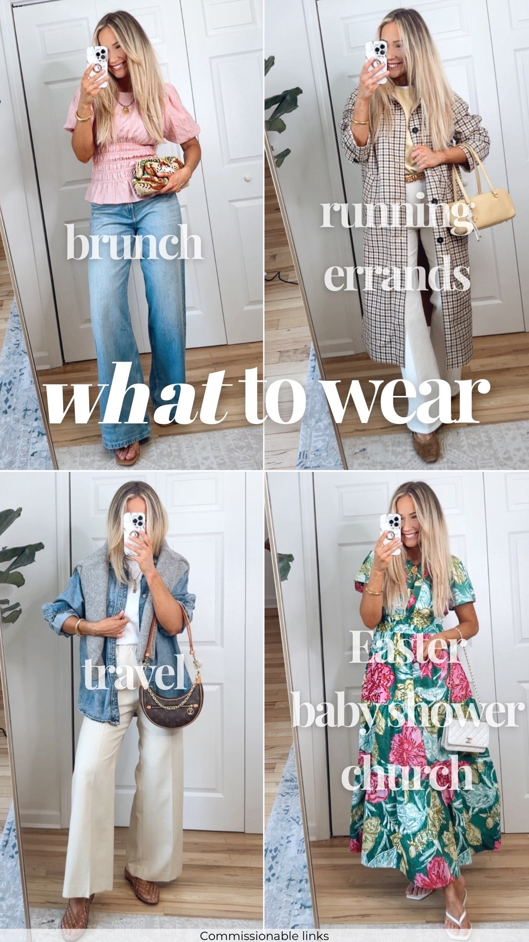 Commissionable links | 4 spring outfits for different occasions 🐣🌸🌱

Brunch outfit
Running errands outfit
Travel outfit
Easter dress
Baby shower dress
Church outfit 