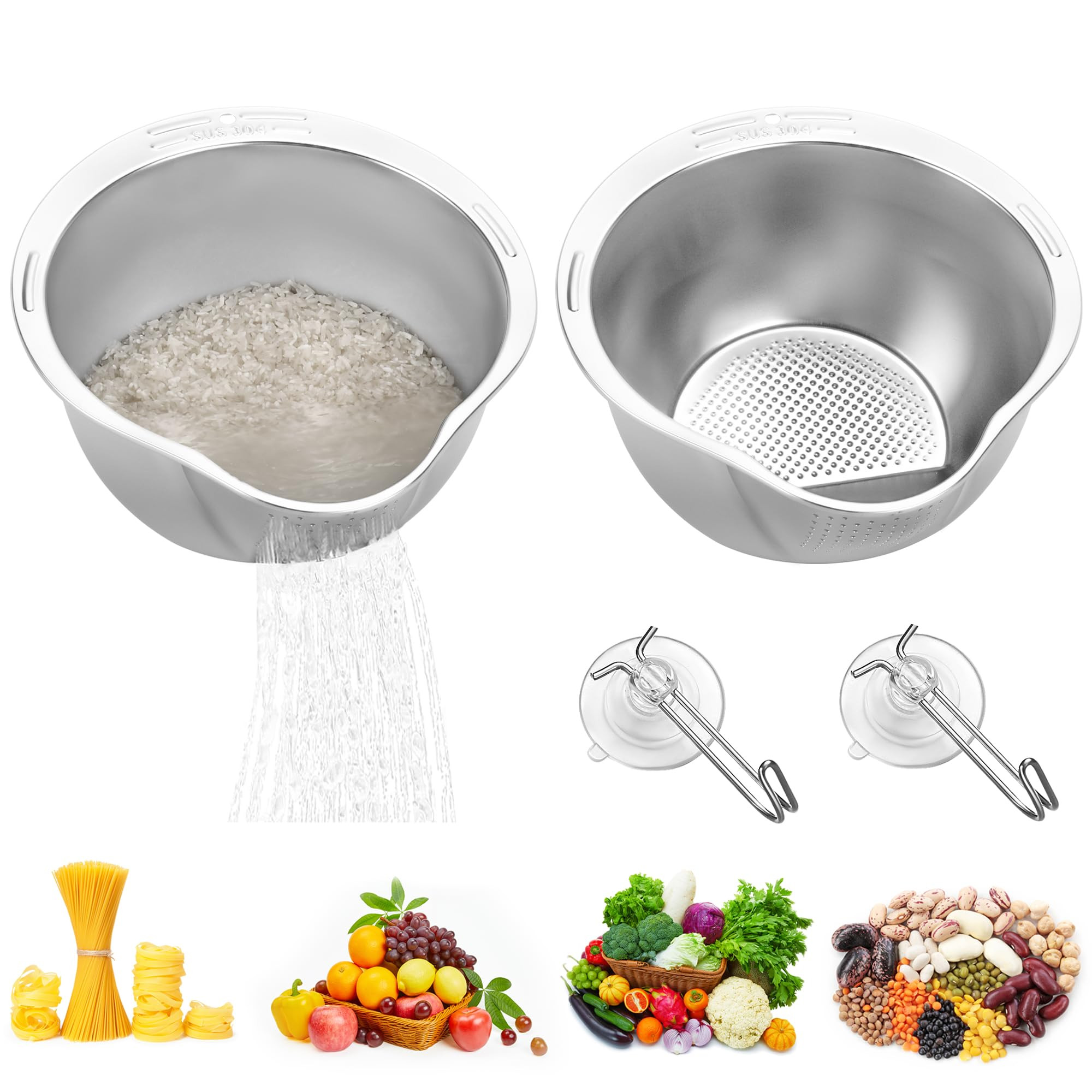 2 Pack Strainers and Colanders for Kitchen With 2 Hooks, Rice Strainer, Stainless Steel Washing B... | Amazon (US)