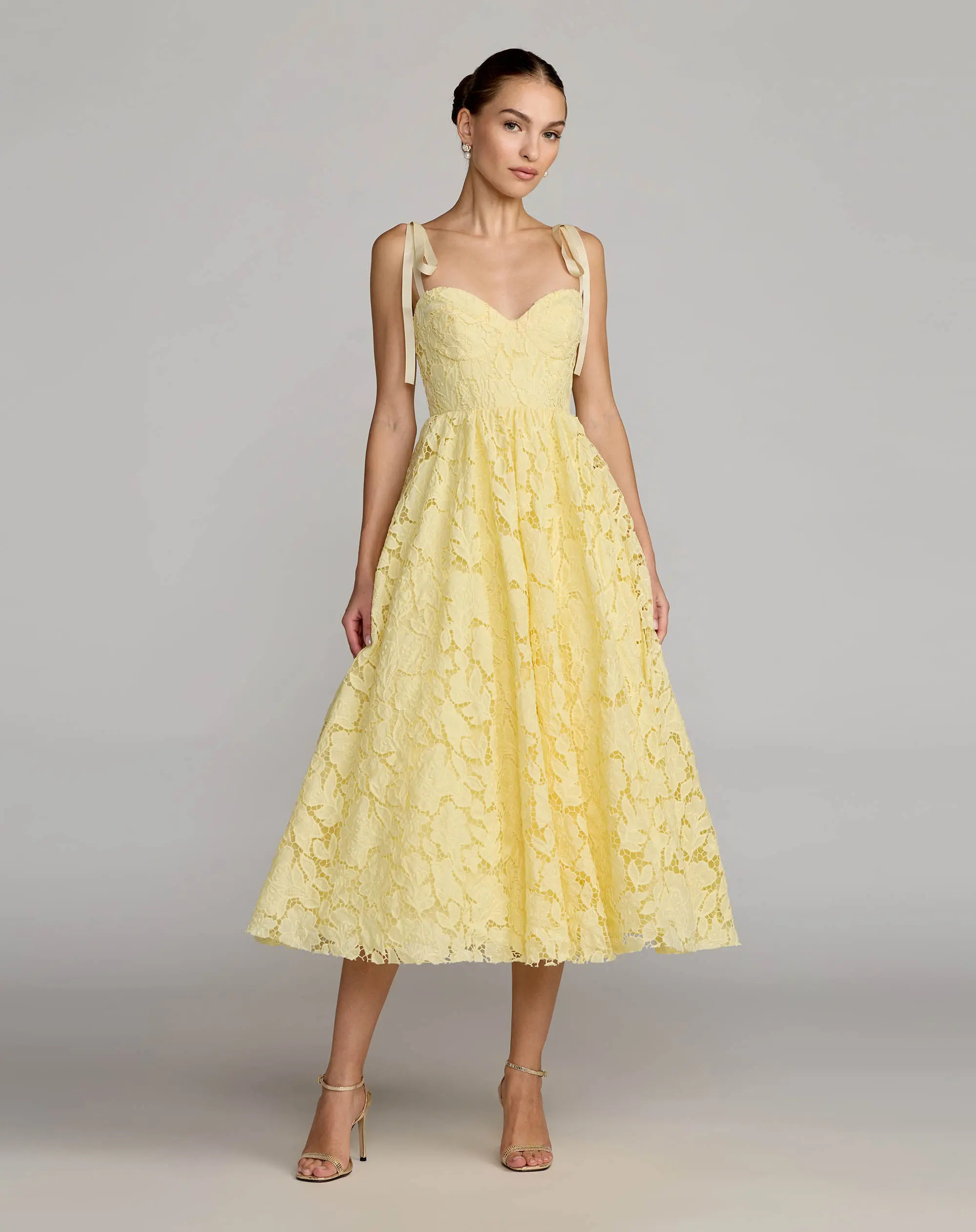 Yellow Lace Bow Strap Midi Dress | Mac Duggal | Mac Duggal
