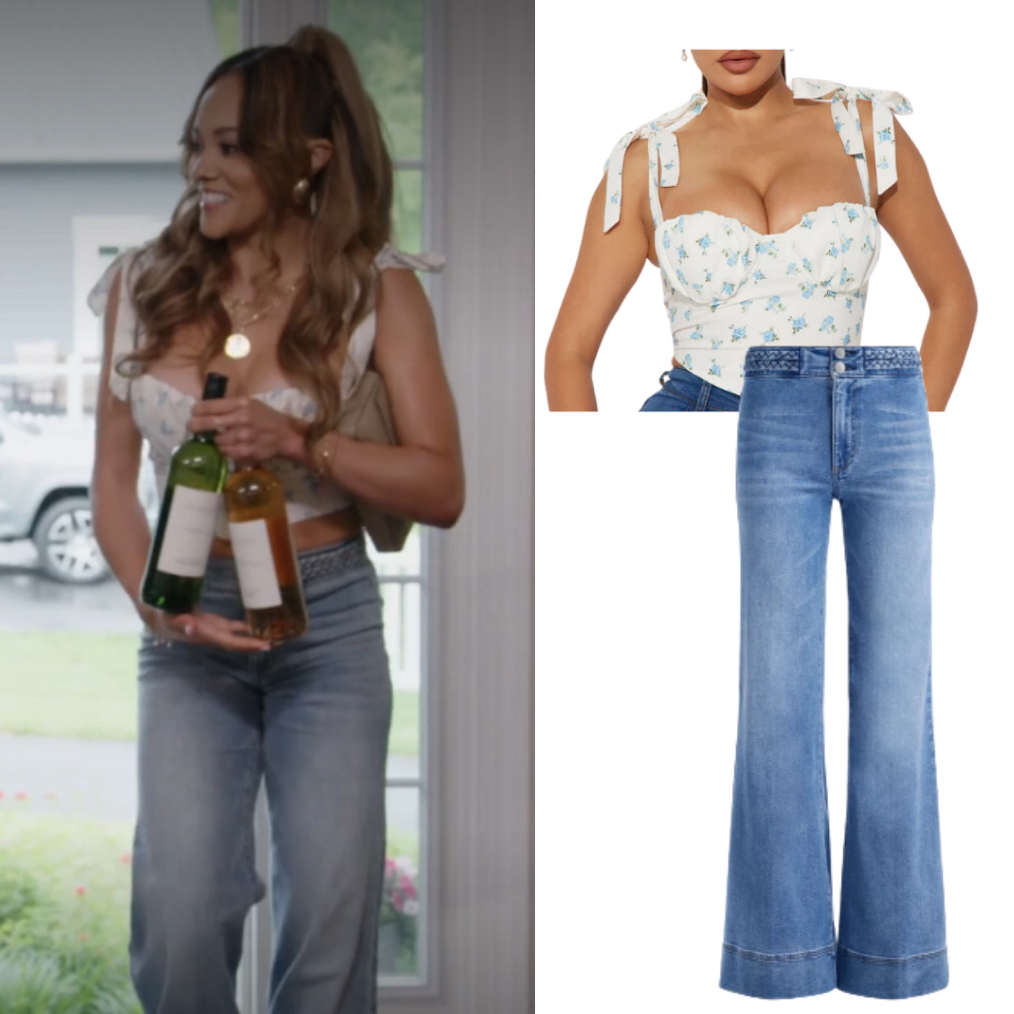 Ashley Darby’s White and Blue Floral Corset Top and Braided Waist Jeans