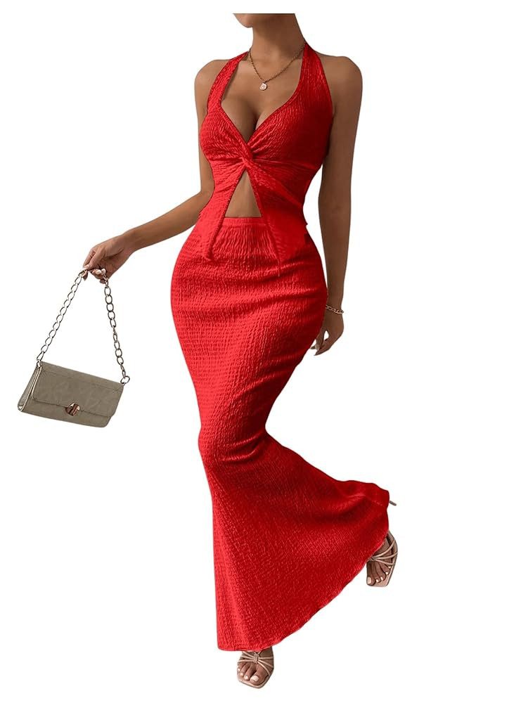 SOLY HUX Women's Two Piece Outfits Twist Front Halter Cami Tops and Skirt Summer Set | Amazon (US)