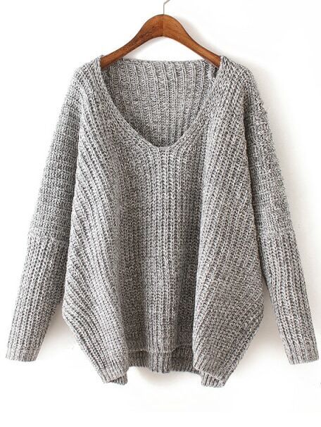 V Neck Chunky Knit Pale Grey Dolman Sweater | Romwe