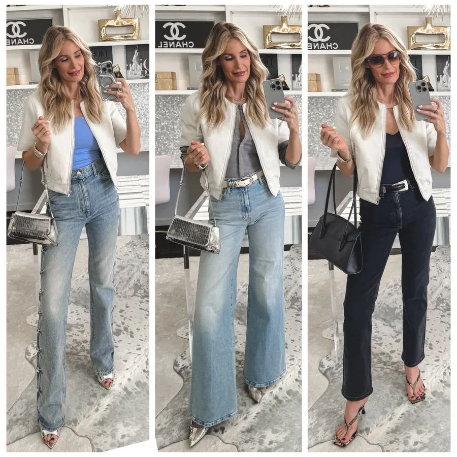 The perfect spring jacket does exist 🤍✨ This cropped ivory vegan leather jacket instantly elevates any outfit. I love the flattering cropped fit and the soft neutral color — it truly goes with everything. Plus, it’s lightweight enough for spring and even cool summer nights. Styled it 3 ways: • With my slimming Khaite jeans (linked exact pair without studs + similar studded option) • With my Mother wide-leg jeans and a gray cardigan • With my DL1961 black cigarette jeans (so good!) All denim runs true to size — wearing a 24 in the jeans and an XS in this must-have jacket 🤍 

 

#LTKgrwm #LTKootd #LTKOver40