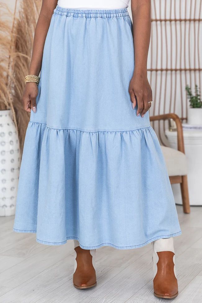 By Your Side Denim Midi Skirt | Pink Lily