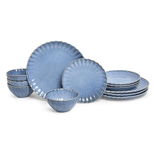 Sango 12 Pieces Stoneware Dinnerware Set, Modern Reactive Blue Dishes for 4, Premium Serving Plates and Bowls Sets, Chip Resistant Plate, Ceramic Dishware, Kitchen Dish Set, Scallop Dining Ware, Frill | Amazon (US)