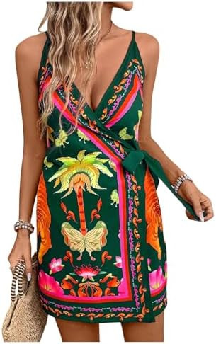 RoseSeek Women's Tropical Print Cami Dress Sleeveless Wrap V Neck Tie Knot Boho Short Dresses | Amazon (US)