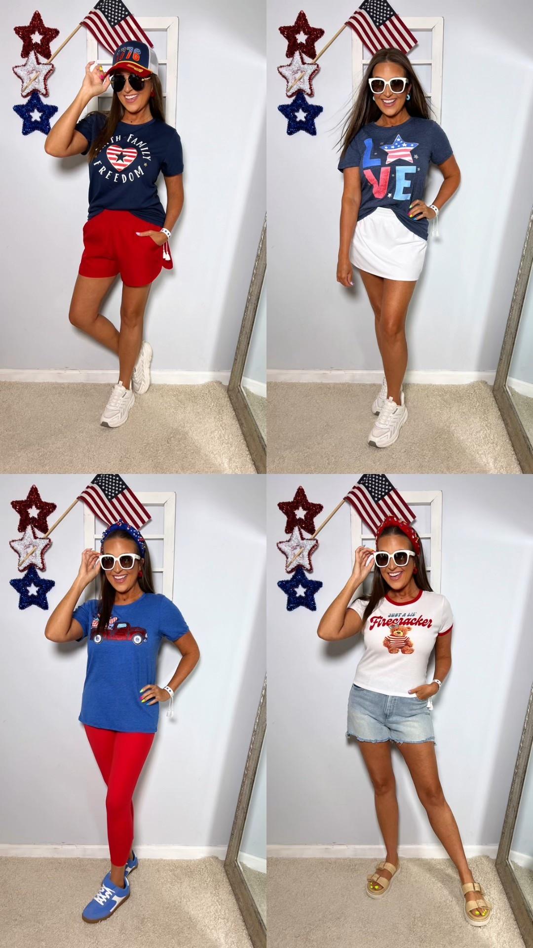 Walmart is serving up THE cutest and most AFFORDABLE patriotic pieces this year and I am here for it! 🇺🇸🙌🏽 

Teddy Tee: M
All Other Tees: S
Denim Shorts: 4
Red Shorts: S
Red Leggings: S
White Skort: S
Navy Skort: S

summer outfits, summer fashion, 4th of July outfits, casual outfits, jean shorts, summer shoes, sandals, white sneakers, trucker hat, friendship bracelet, red white blue outfits, red active shorts, active skirt, athleisure wear  

#LTKStyleTip #LTKSeasonal #LTKFindsUnder50
