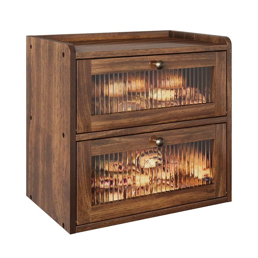 Double Layer Large Bread Box for Kitchen Counter, Wooden Corner Bread Storage Container with Acry... | Amazon (US)
