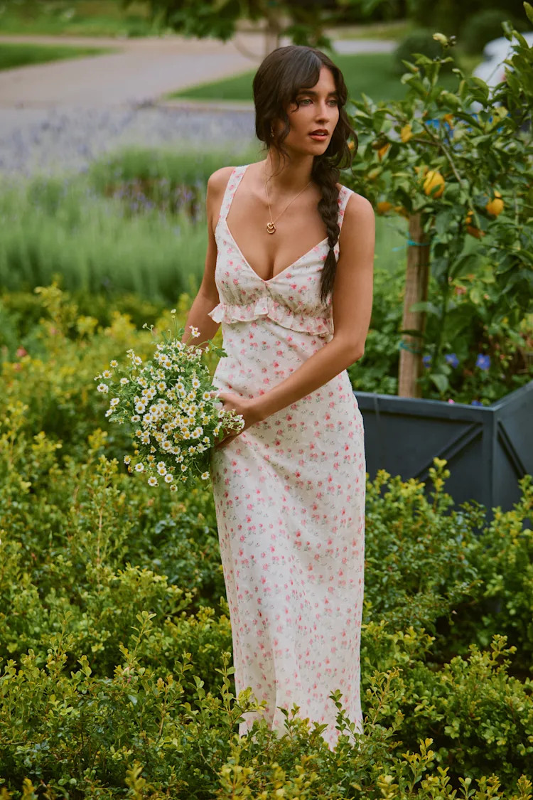 Valonia Cream Floral Ruffled Empire Waist Midi Dress | Lulus