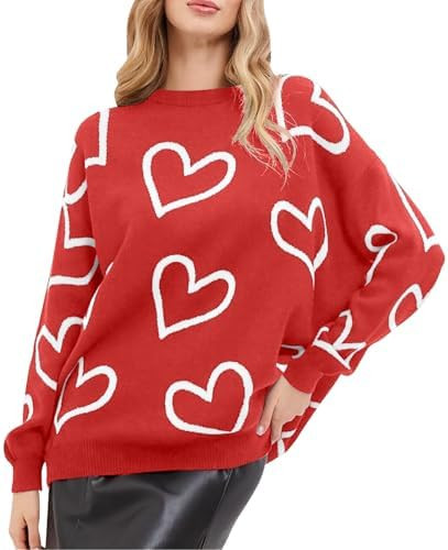 KNEYATTA Valentine’s Day Sweaters Heart Print Sweater Women Love Heart Sweatshirt Cute Knitted ... | Amazon (US)