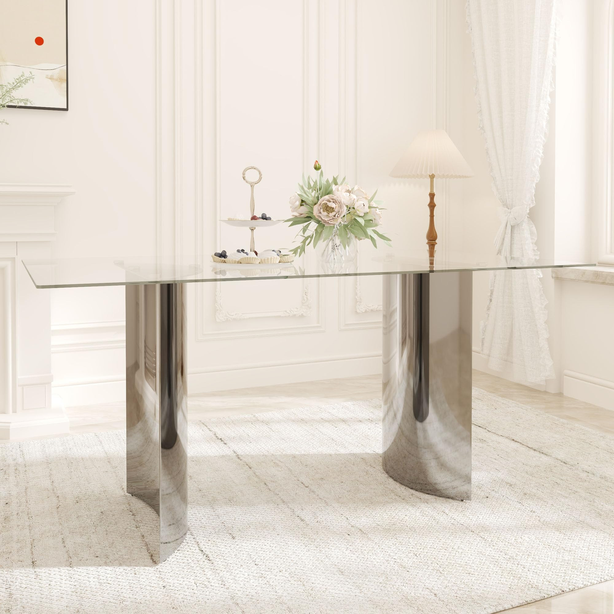 63“ Modern Dining Table, Elegant Tempered Glass Kitchen Table with Silver Stainless Steel Base,... | Amazon (US)