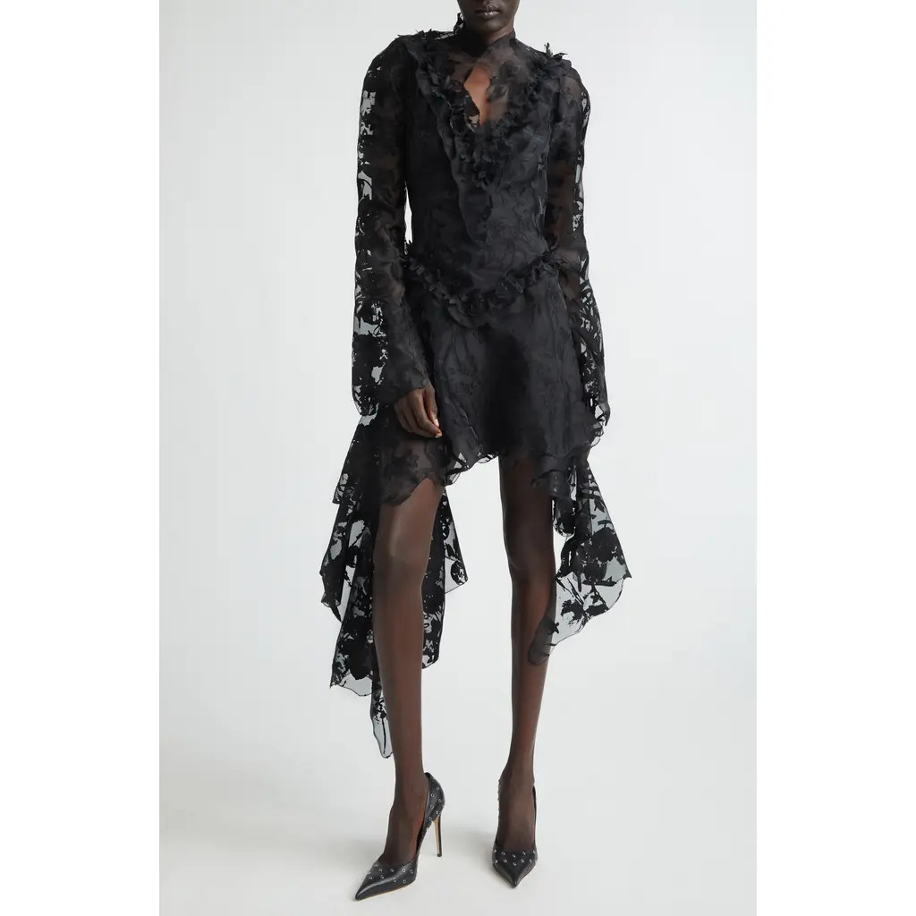 McQueen Long Sleeve Devoré Dress in Black at Nordstrom, Size 42 | Nordstrom
