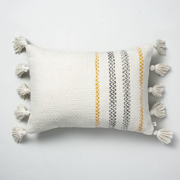 14" x 20" Woven Edge Stripes Indoor/Outdoor Throw Pillow Yellow/Gray - Hearth & Hand™ with Magn... | Target