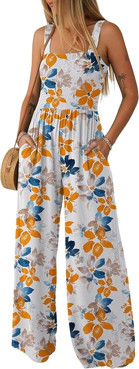 Lepunuo Jumpsuits for Women Casual One Piece Overalls Smocked Wide Leg Long Rompers With Pockets ... | Amazon (US)