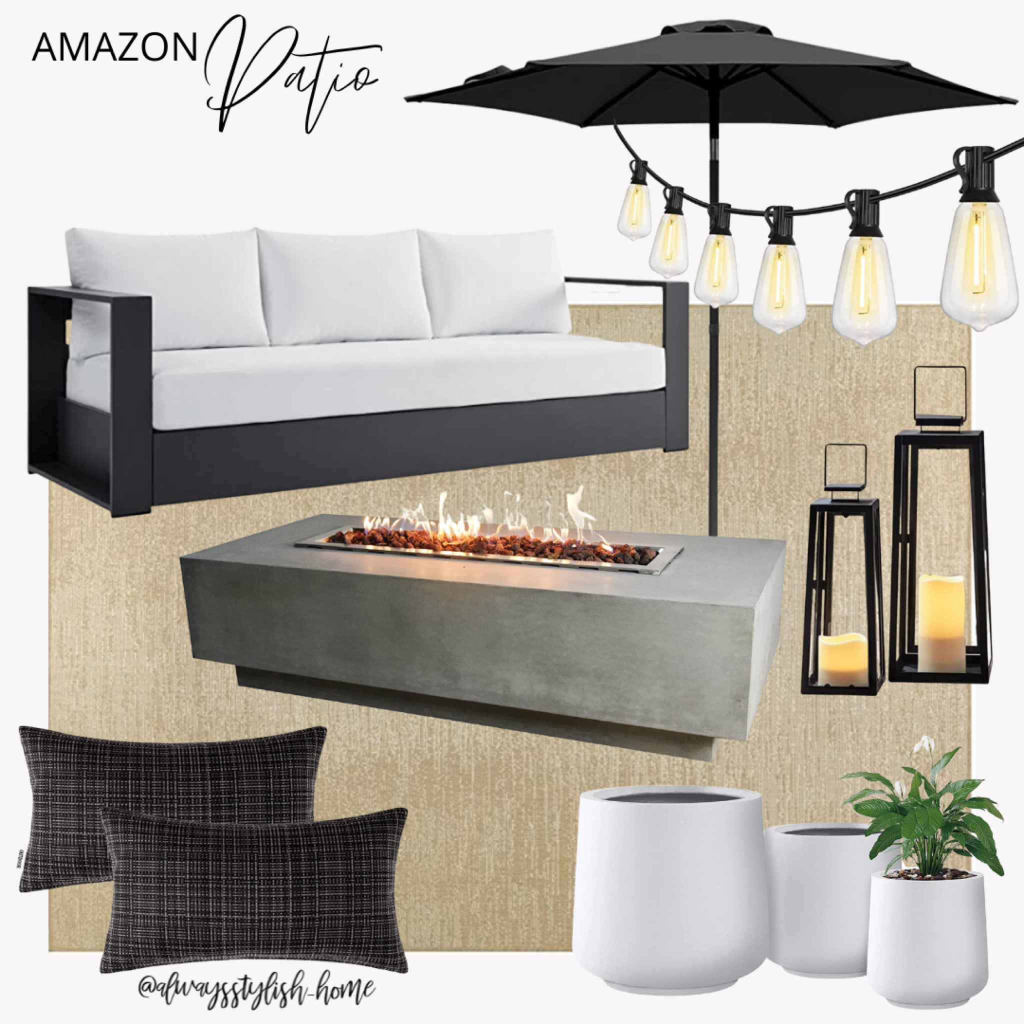 Outdoor seating, backyard decor, patio season, outdoor rug, outdoor sofa, fire table, fire pit, umbrella, string lights, outdoor pillows, white concrete cement planters, solar lanterns, summertime 



#LTKSeasonal #LTKhome