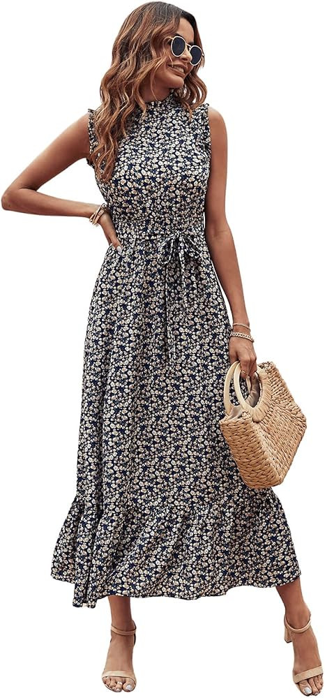 SweatyRocks Women's Floral Sleeveless Ruffle Hem A Line Midi Dress Mock Neck Belted Dresses | Amazon (US)