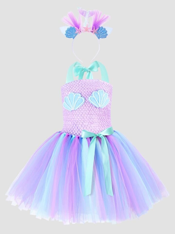 Mermaid Shell Princess Dress With Mermaid Headband For Toddler Girls, Perfect For Party And Cos... | SHEIN