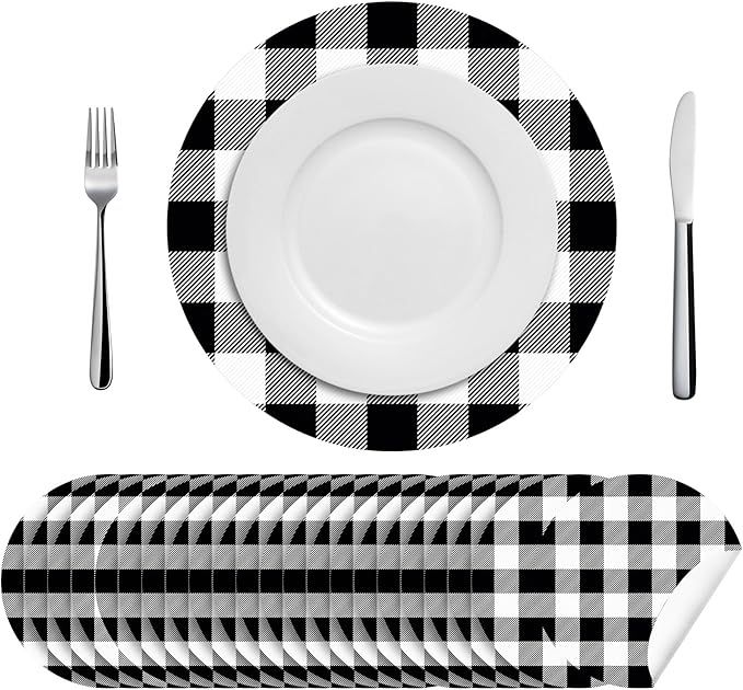 50 Pcs Christmas Disposable Paper Placemats Black and White Buffalo Plaid Placemat Round 12 Inch ... | Amazon (US)