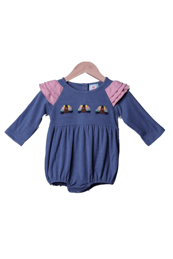 French Knot Turkey Navy Ruffle Bubble | The Smocked Flamingo