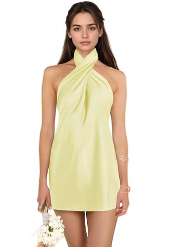 Women's Satin Halter Homecoming Dresses Short Mini HOCO Dress Criss Cross Formal Party Cocktail D... | Amazon (US)