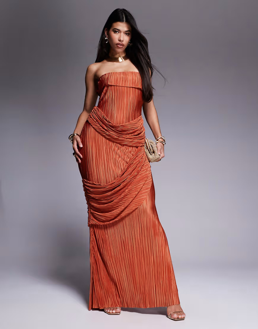 ASOS DESIGN premium plisse bandeau maxi dress with draped panels in rust-Orange | ASOS (Global)