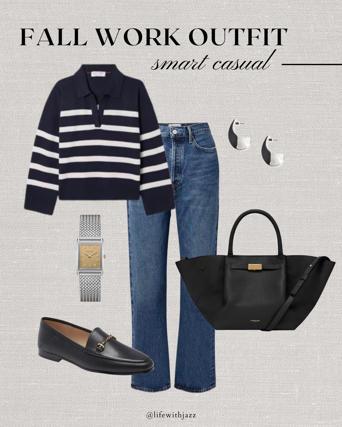 Cool tone fall work outfit inspo 

Striped polo sweater / blue ankle jeans / minimal watch / Sam Edelman Lorraine loafers / silver earrings / Demellier the midi New York tote / minimal belt / smart casual / office outfit

#LTKStyleTip #LTKSeasonal #LTKWorkwear