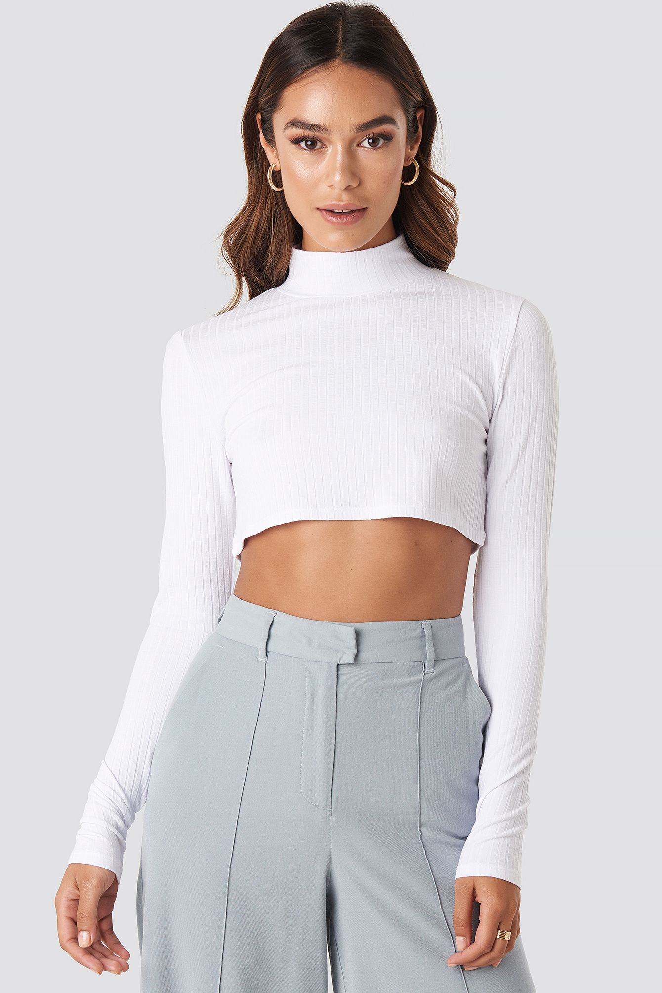 Wide Rib Polo Neck Long Sleeve Cropped Top Weiß | NA-KD DE, AT, CH