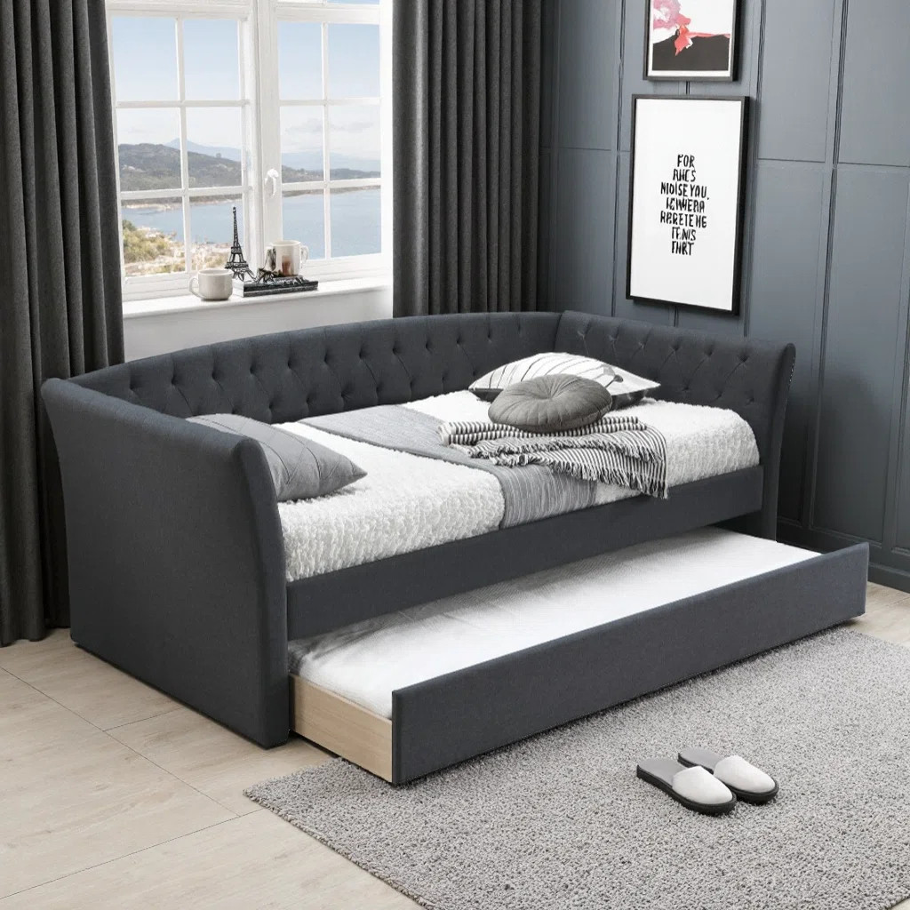 Contemporary Upholstered Day Bed with Pull-Out Trundle - Charcoal Button Tufted Design and Space-Saving Functionality for Modern Bedrooms | Wayfair North America