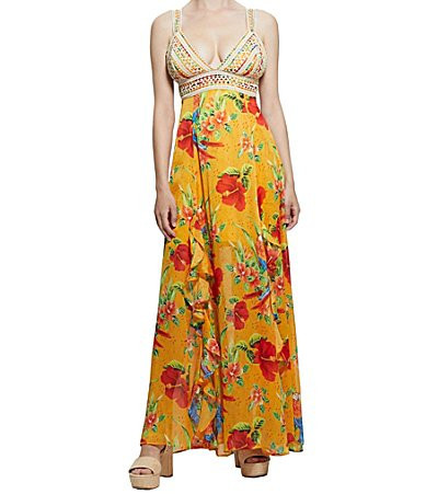 Guess Serena Mixed-Media Tropical Floral-Printed Maxi Dress - M | Dillard's