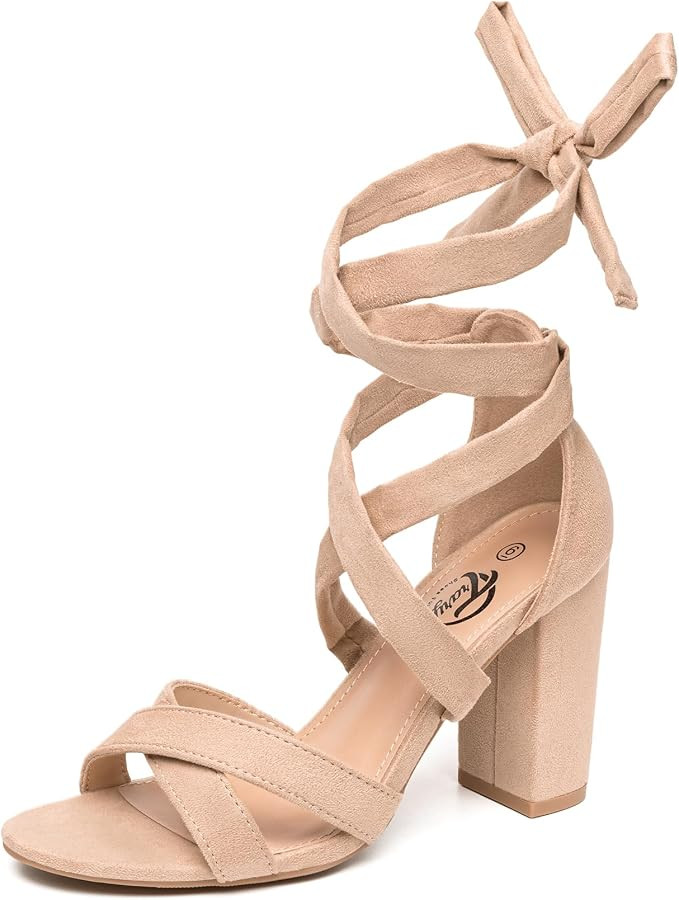 Trary Black Pink Nude Red Heels for Women,Women's Heeled Sandals Lace up High Heels,Chunky Heels ... | Amazon (US)