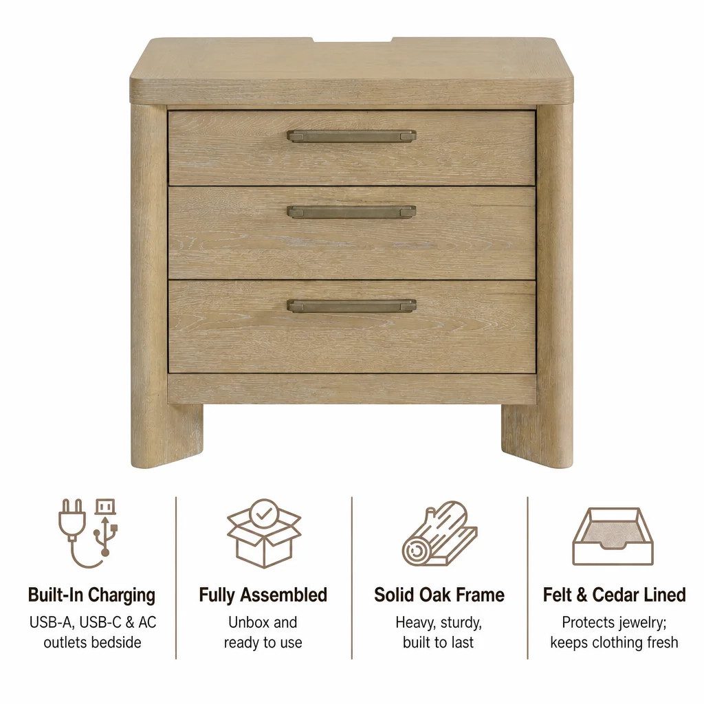 Juliano 28" Wide 3-Drawer Nightstand in Beige with USB Charging | Wayfair North America