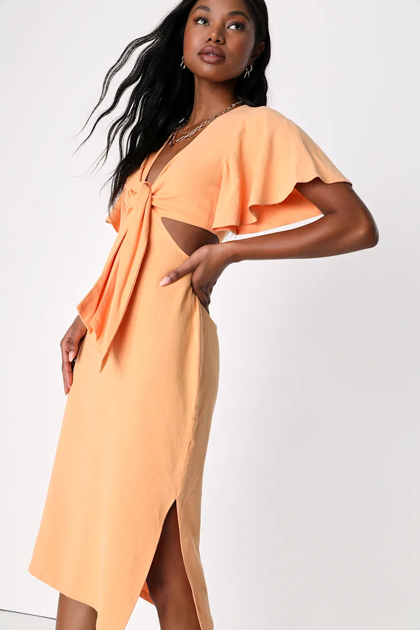 Summer Journey Light Orange Tie-Front Cutout Midi Dress | Lulus (US)