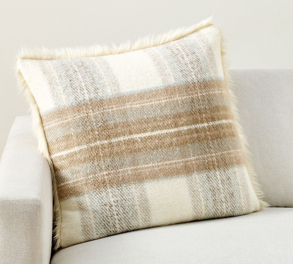 Stewart Plaid With Fur Back Pillow Cover, Ivory/Neutral Multi, 24 | Pottery Barn (US)